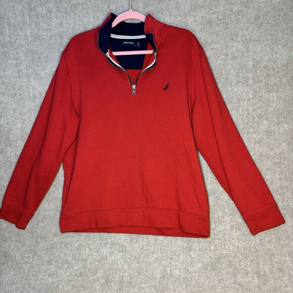 Nautica Knitted 1/4 Zip Pullover Sweater Red Casual Mens Sz Large - Picture 1 of 9